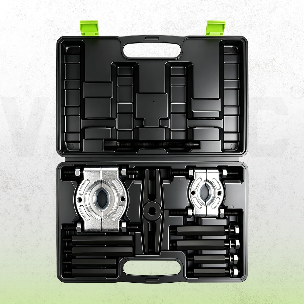 Bearing separator puller kit arranged inside a black storage case with green latches.