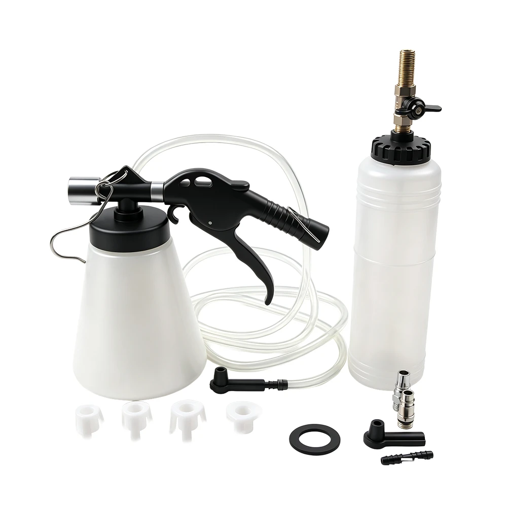 Pneumatic Vacuum Brake & Clutch Bleeder 0.75L 6 VIKTEC VT01294A 0.75L pneumatic vacuum brake and clutch bleeder kit with refill bottle, hose and adapters for one-person brake fluid bleeding.