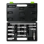 VIKTEC VT13096 11PC 3/8 inch drive spark plug, glow plug and oxygen sensor socket set with extension bars and universal joint for automotive engine service.