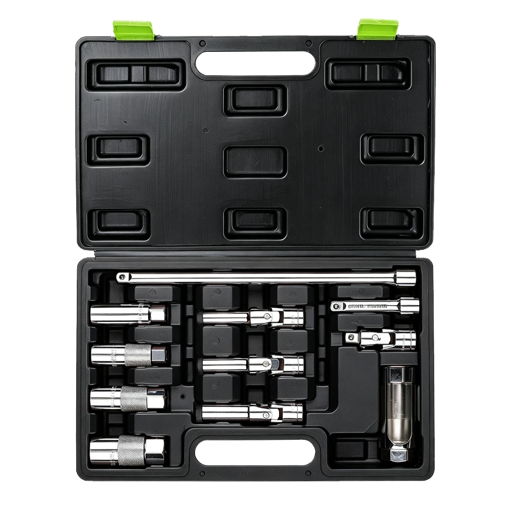 11PC 3/8in Drive Spark Plug, Glow Plug & Sensor Socket Set 3 VIKTEC VT13096 11PC 3/8 inch drive spark plug, glow plug and oxygen sensor socket set with extension bars and universal joint for automotive engine service.