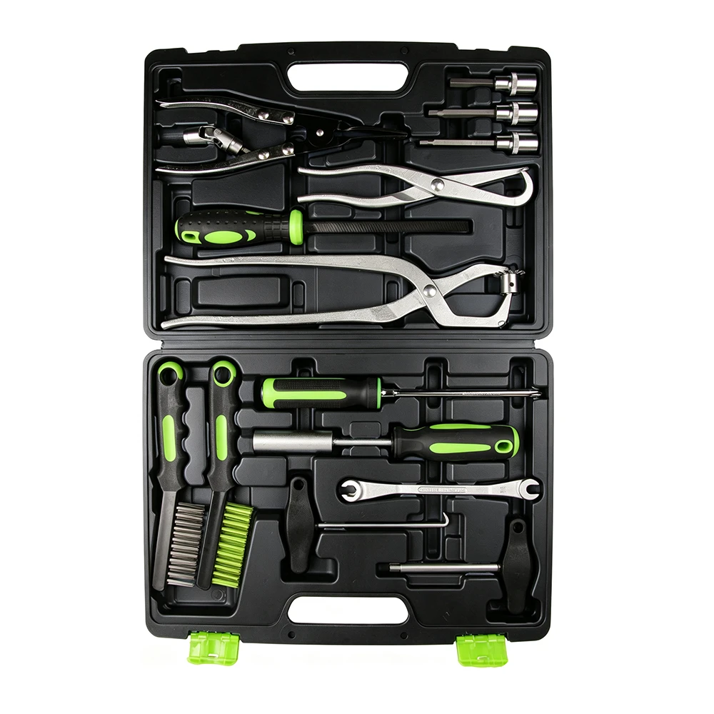 15PC Universal Brake Drum & Disc Service Tool Set 4 VIKTEC VT13108 15 piece universal brake service tool set with pliers, spring tools, sockets, brushes and hand tools for disc and drum brake maintenance.