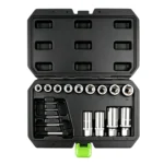 VIKTEC VT01915 18PC damaged bolt nut stud and screw extractor socket set for removing rounded, seized and damaged automotive fasteners.