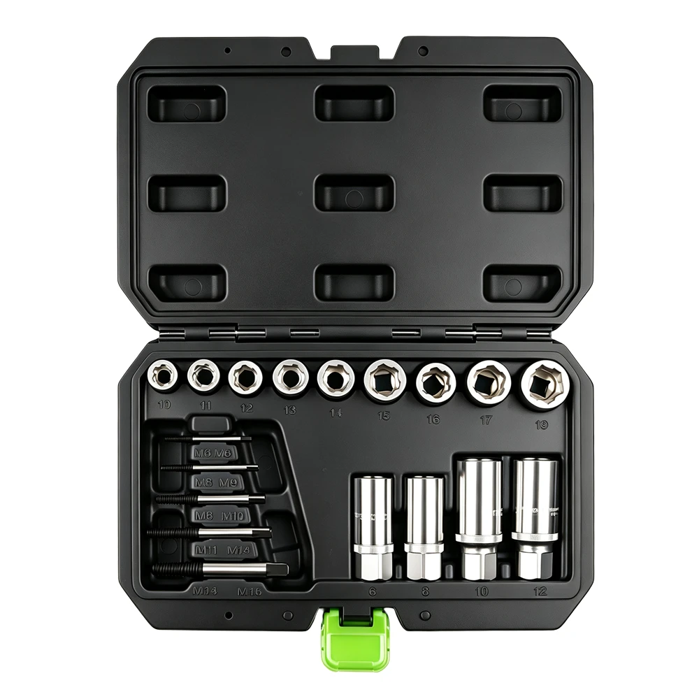 18PC Bolt, Screw & Stud Extractor Tool Set 6 VIKTEC VT01915 18PC damaged bolt nut stud and screw extractor socket set for removing rounded, seized and damaged automotive fasteners.
