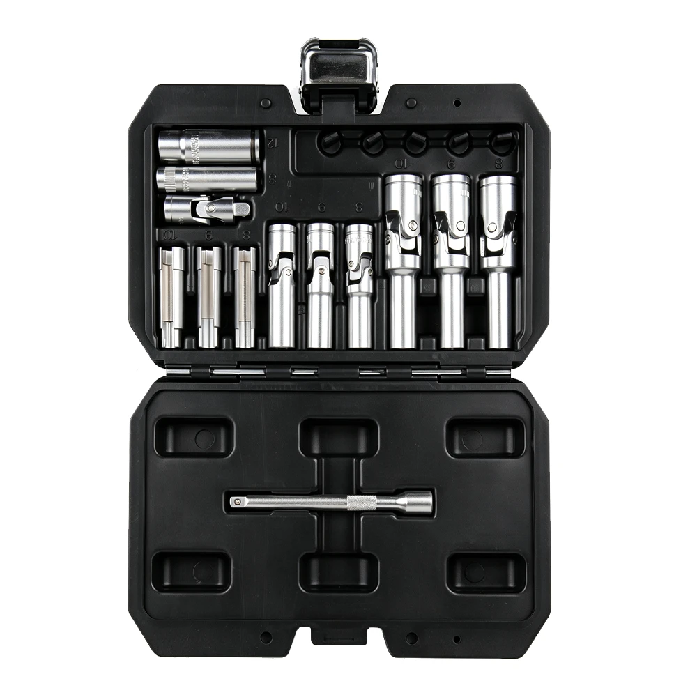 VIKTEC VT13515 18PC glow plug socket set with jointed sockets and extension tools for removing and installing diesel engine glow plugs.