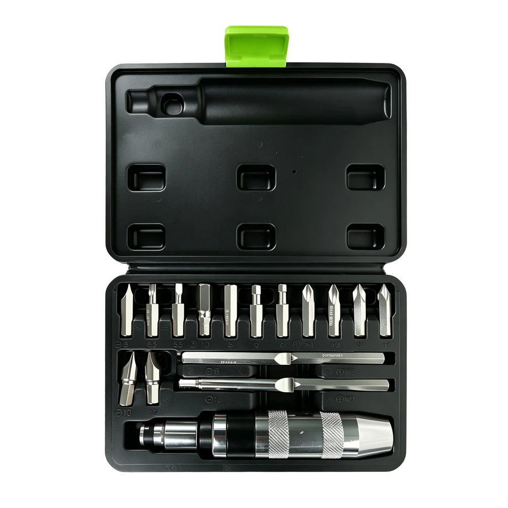 VIKTEC VT13390 18PC heavy duty impact screwdriver set with Phillips, slotted and hex bits for loosening stubborn and seized fasteners.