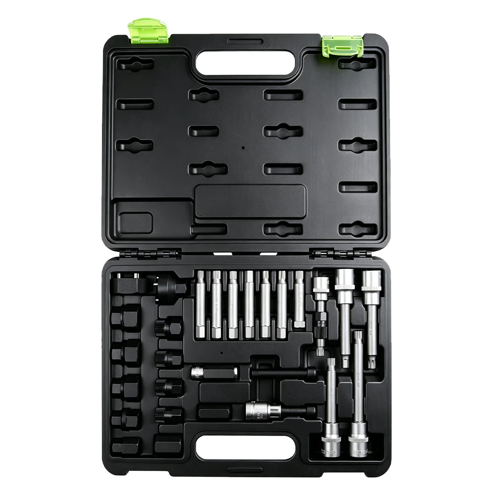 30PC Alternator Freewheel Pulley Removal Tool Set 1 VIKTEC VT01753 30PC alternator freewheel pulley removal tool set with spline, Torx and specialty socket bits for removing and installing overrunning alternator pulleys.