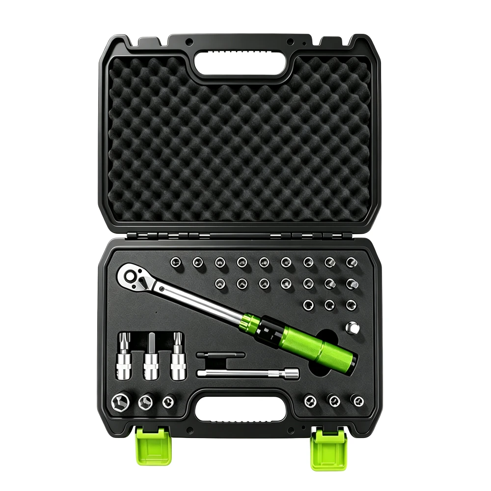 1/4in Drive Torque Wrench and Bit Socket Set 5–25Nm 2 VIKTEC VT19193 32PC 1/4 inch drive 5 to 25Nm torque wrench set with sockets and bits for bicycle and motorcycle maintenance.