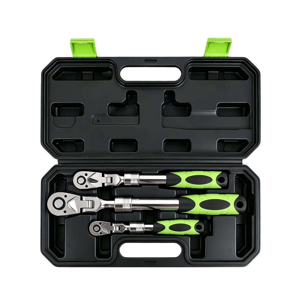 3PC Telescopic Flex-Head Reversible Ratchet Set 1/4in 3/8in 1/2in Drive 4 VIKTEC VT20659H 3PC flex head ratchet handle set with 1/4, 3/8 and 1/2 inch drive ratchets for automotive and workshop repair.