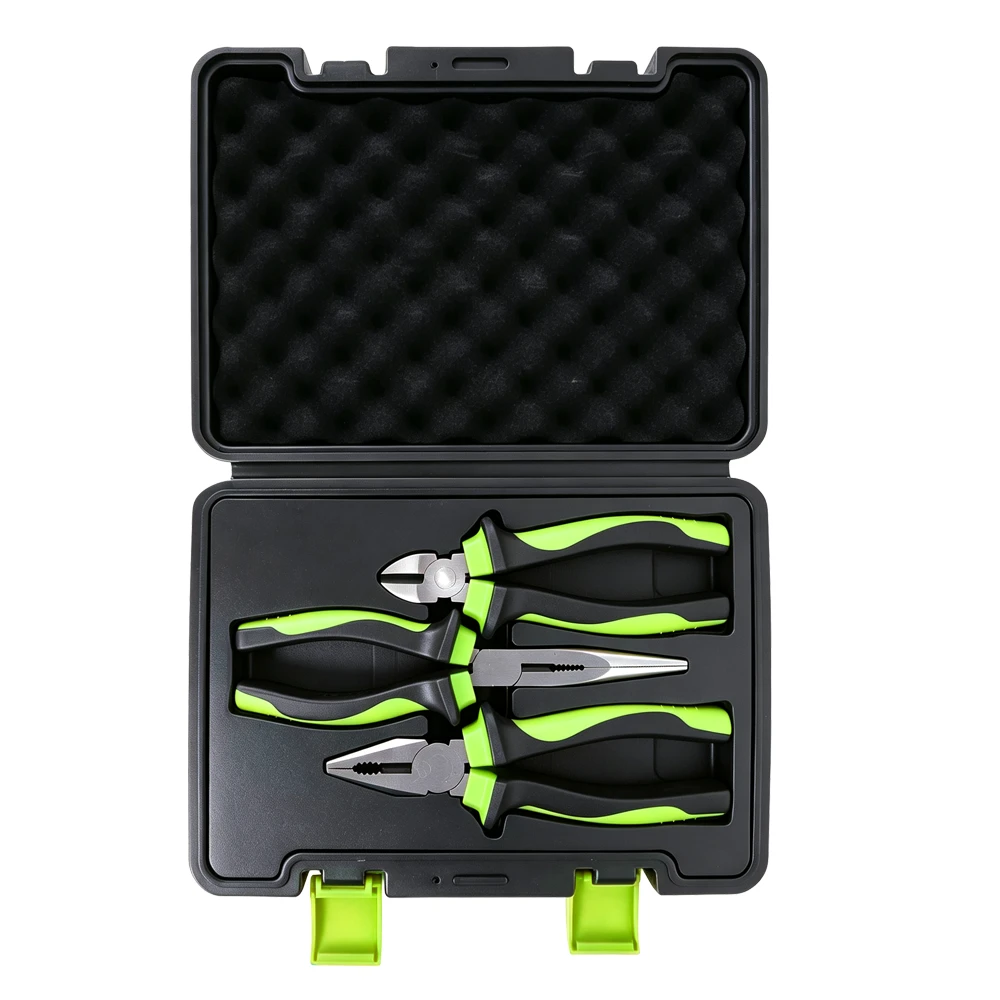 VIKTEC VT20329 3PC professional pliers set including combination pliers, long nose pliers and diagonal cutting pliers in storage case.