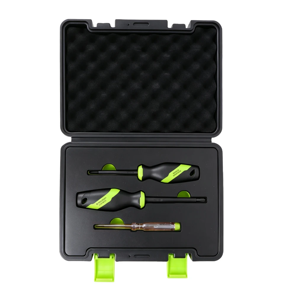 3PC VDE Insulated Electrician Screwdriver and Mains Tester Set 1 VIKTEC VT20333 3PC screwdriver set with slotted and Phillips screwdrivers plus voltage tester for electrical and automotive maintenance.