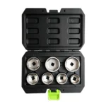 VIKTEC VT13830 7PC 3/8 inch drive oil filter cap wrench set with 24, 27, 29, 30, 32, 36 and 38mm filter sockets.