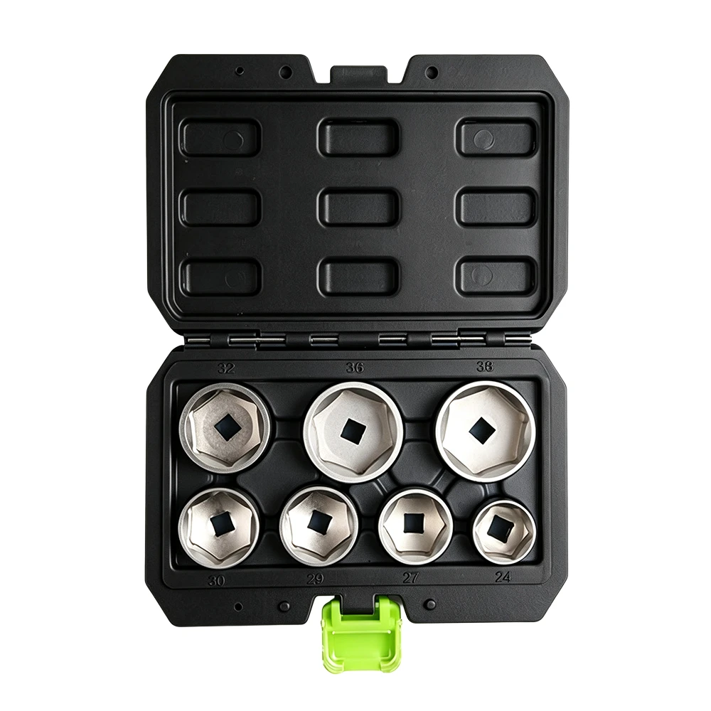 7PC 3/8in Drive Oil Filter Cap Wrench Socket Set 24–38mm 1 VIKTEC VT13830 7PC 3/8 inch drive oil filter cap wrench set with 24, 27, 29, 30, 32, 36 and 38mm filter sockets.