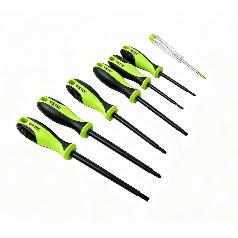 7PC VDE Insulated Screwdriver & Voltage Tester Set 6 VIKTEC VT14182B 7PC automotive screwdriver set with slotted and Phillips drivers plus voltage tester for workshop repair and electrical maintenance.