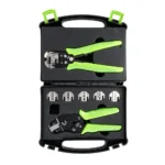 VIKTEC VT17959C 7PC ratcheting wire crimping and stripping tool kit with interchangeable crimping dies for automotive electrical terminals and wiring repair.