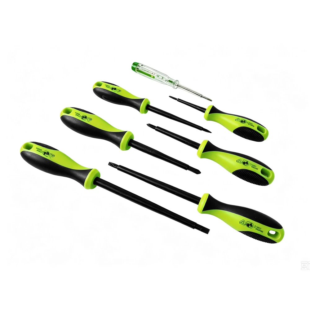 VIKTEC VT19172 7PC slotted and Phillips screwdriver set with voltage tester and ergonomic non-slip handles for automotive and workshop maintenance.