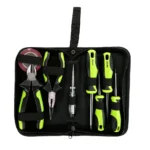 VIKTEC VT19171 electrician hand tool set with combination pliers, long nose pliers, screwdrivers, voltage tester and electrical tape in a portable tool pouch.