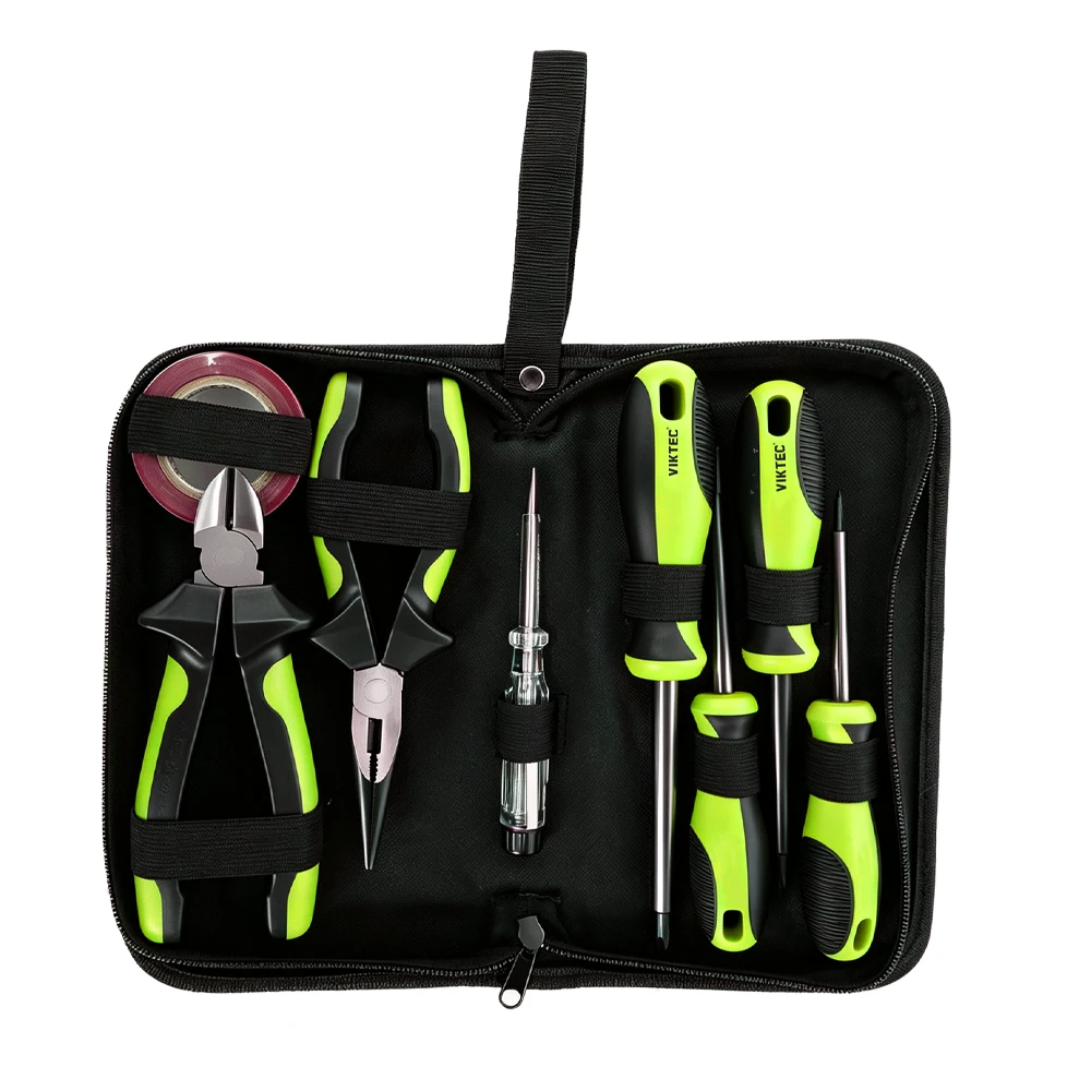 8PC 1000V Insulated Screwdriver & Pliers Tool Set 6 VIKTEC VT19171 electrician hand tool set with combination pliers, long nose pliers, screwdrivers, voltage tester and electrical tape in a portable tool pouch.
