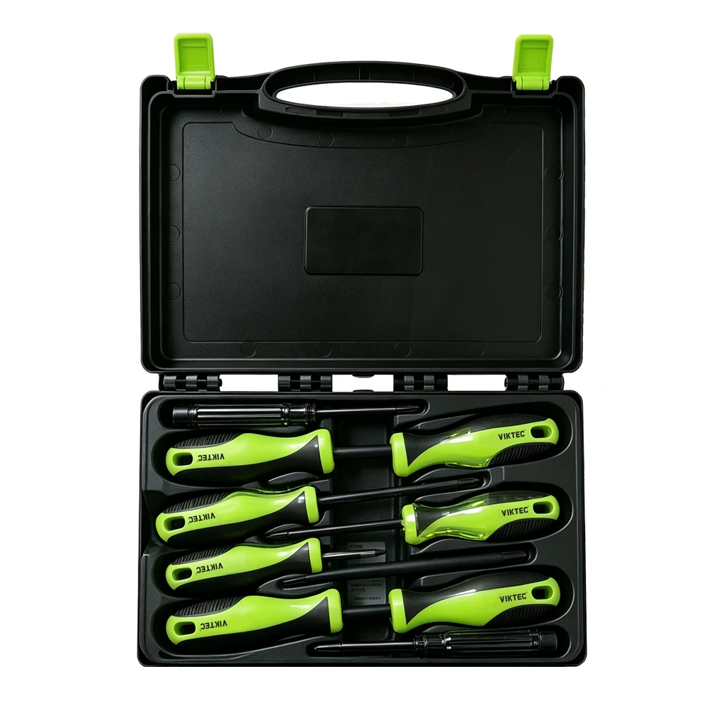8PC 1000V Insulated Screwdriver & Voltage Tester Set 4 VIKTEC VT19163 professional screwdriver set with slotted and Phillips drivers and voltage testing tools supplied in a portable storage case.
