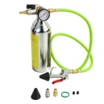VIKTEC VT13836 automotive air conditioning system flush canister with pressure gauge, hose and cleaning gun for flushing contaminants and residual oil from A/C lines and components.