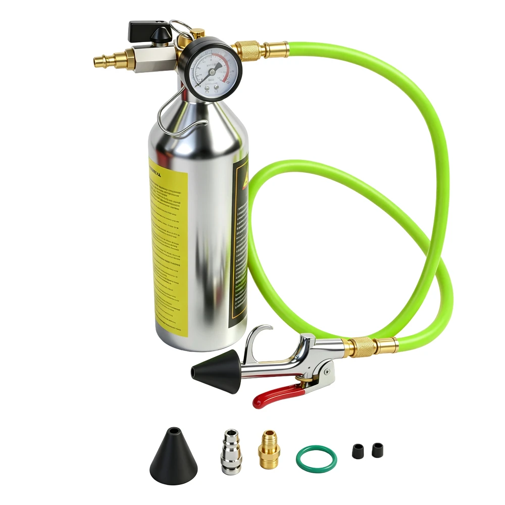 VIKTEC VT13836 automotive air conditioning system flush canister with pressure gauge, hose and cleaning gun for flushing contaminants and residual oil from A/C lines and components.