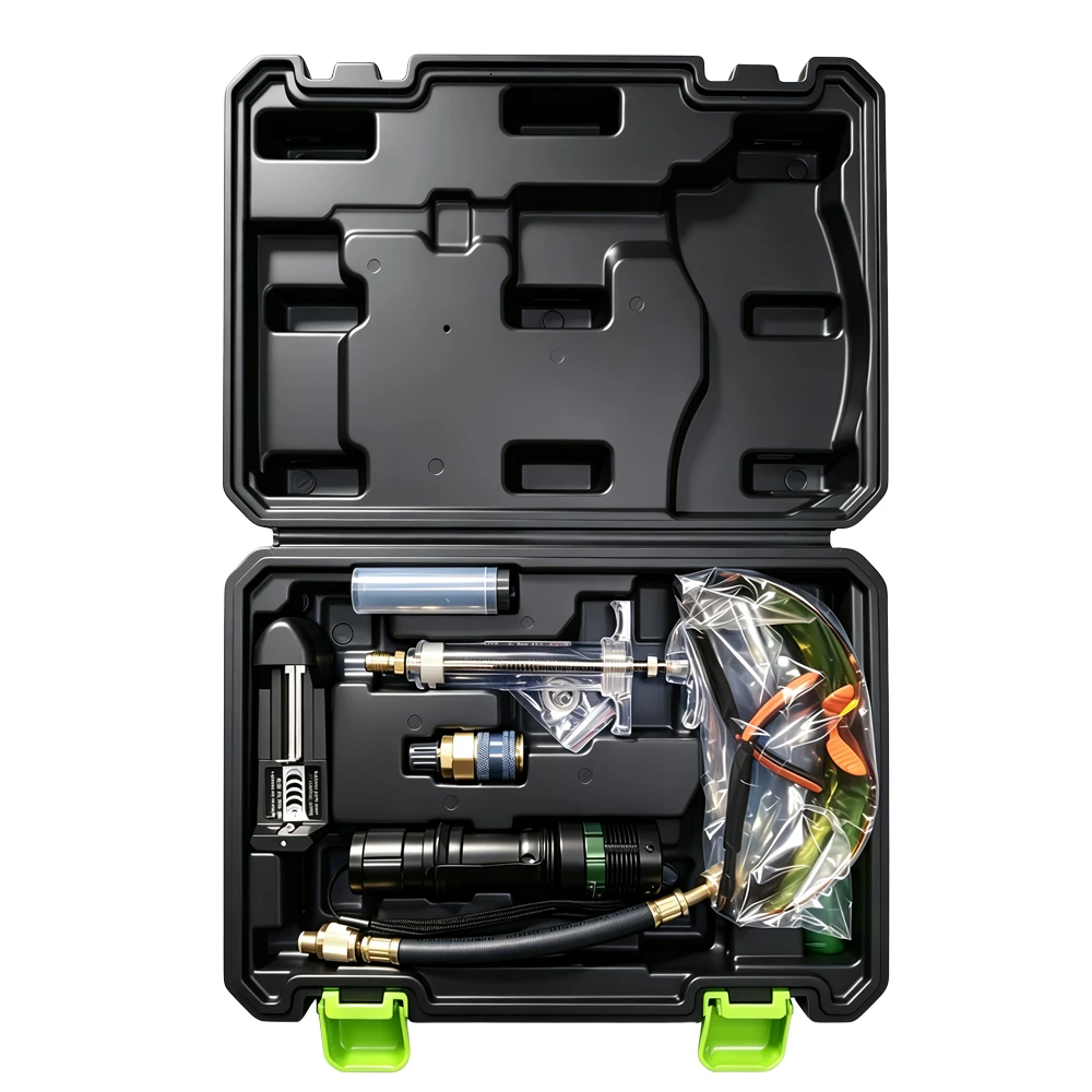 8PC Automotive A/C UV Fluorescent Leak Detection Kit 6 VIKTEC VT17958 automotive A/C UV leak detection and dye injection kit with UV inspection light, protective glasses, dye injector and service adapters for locating air conditioning refrigerant leaks.