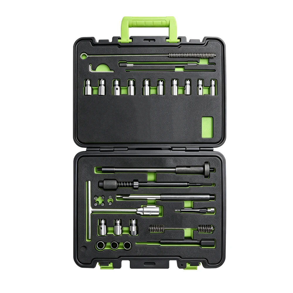 Diesel Injector Seat Cutter & Cleaning Tool Set 5 VIKTEC VT01765B diesel injector seat cutter and cleaning tool kit with reamers, brushes, guide rods and T-handle in carrying case.