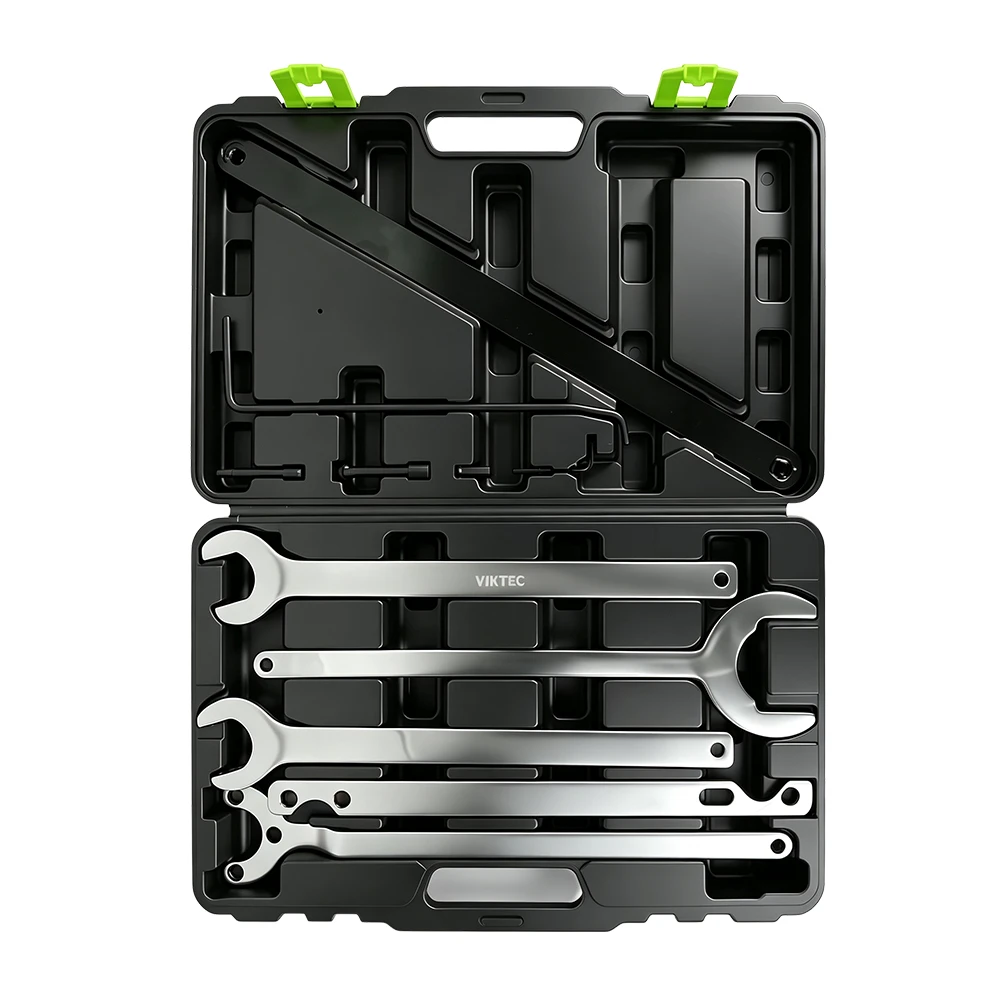 Fan Clutch Wrench & Water Pump Holding Tool Set 6 VIKTEC VT01644 fan clutch water pump wrench and holder tool set for BMW and Mercedes vehicles, supplied in a portable storage case for fan clutch removal and installation.