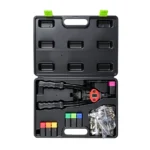 VIKTEC VTN1007 manual rivet nut riveter kit with M3, M4, M5, M6, M8, M10 and M12 mandrels, nosepieces and rivet nuts.