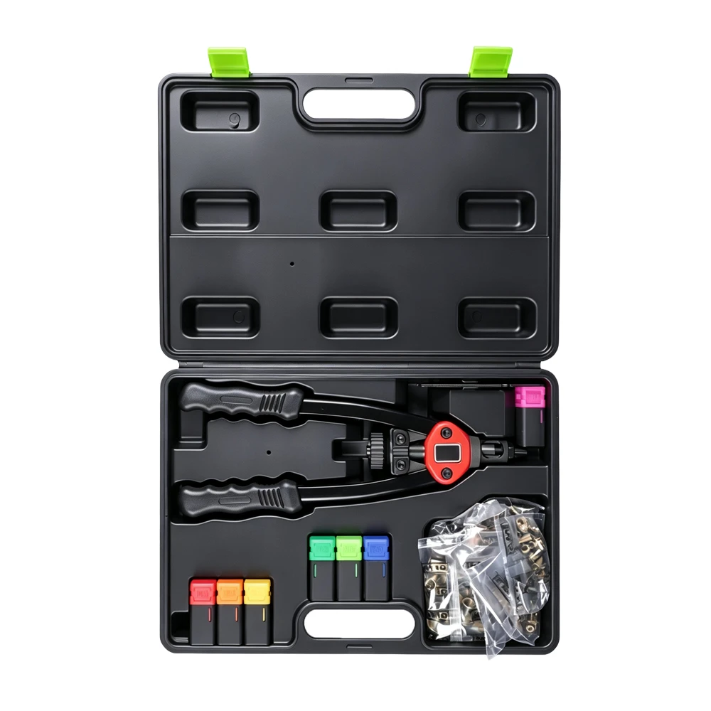Manual Rivet Nut Gun Kit M3–M12 with 70 Rivet Nuts 5 VIKTEC VTN1007 manual rivet nut riveter kit with M3, M4, M5, M6, M8, M10 and M12 mandrels, nosepieces and rivet nuts.