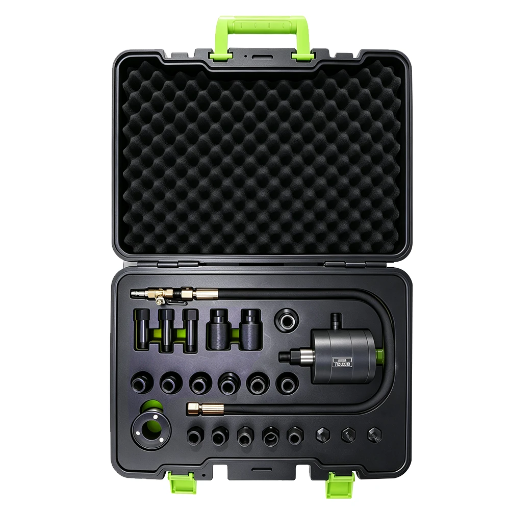 VIKTEC VT18269B pneumatic diesel injector puller and extractor kit with assorted threaded adapters for removing seized common rail fuel injectors during engine repair.