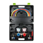 VT01048 Conjunto de manómetros para sistema de ar condicionado automóvel R134A com dois manómetros, mangueiras de enchimento com código de cores e acopladores de manutenção.