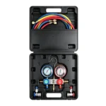 VT01048B Conjunto de manómetros para sistema de ar condicionado automóvel, com dois manómetros e mangueiras com código de cores para manutenção do ar condicionado.