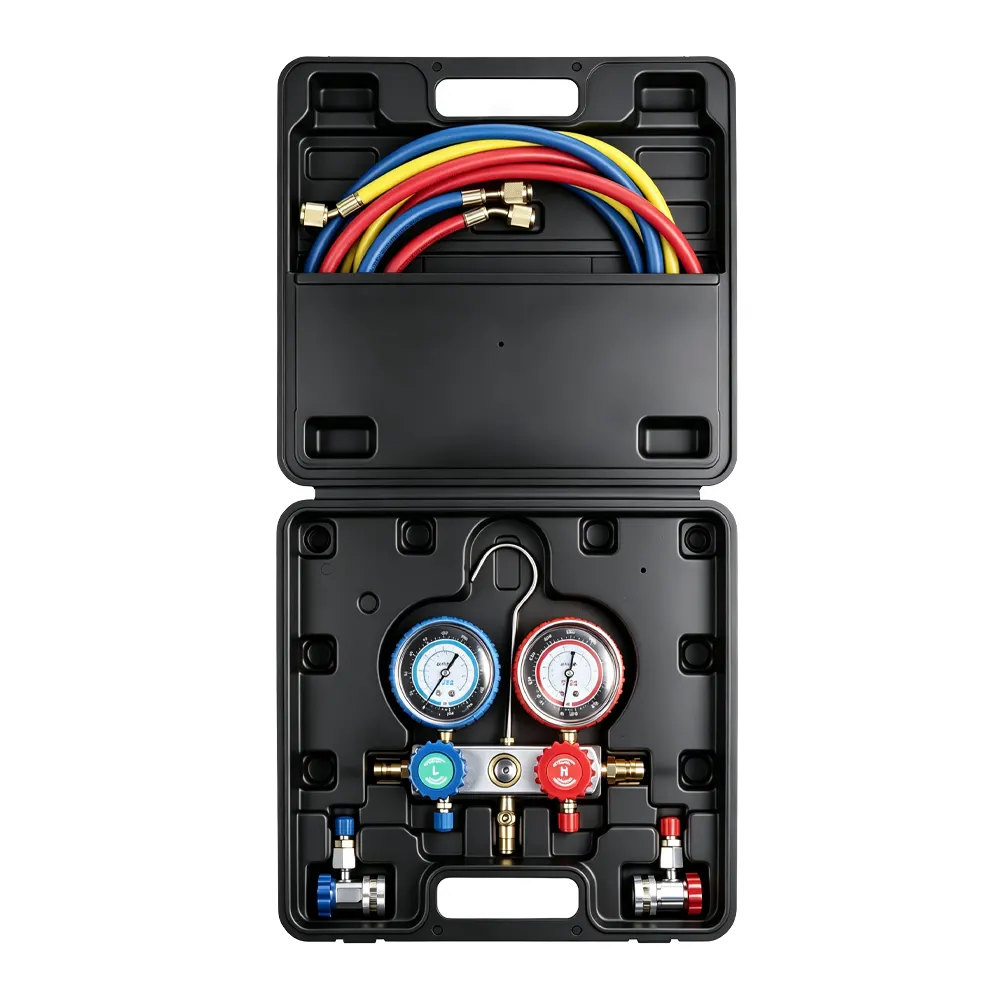 Conjunto de manómetros para o coletor do ar condicionado 1 VT01048B Conjunto de manómetros para sistema de ar condicionado automóvel, com dois manómetros e mangueiras com código de cores para manutenção do ar condicionado.