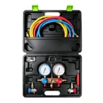 VT01048E Kit d'entretien pour manomètre de collecteur de climatisation automobile, comprenant deux manomètres, des flexibles de remplissage et des accessoires d'entretien, le tout dans une mallette de transport.