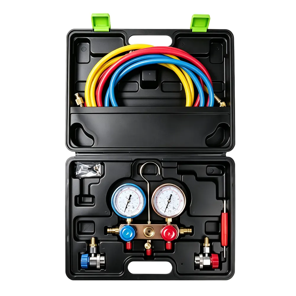 Kit de manómetros para manifold de ar condicionado com acoplamentos rápidos 1 VT01048E Kit de manutenção para manómetro de manifold de ar condicionado automóvel, com dois manómetros, mangueiras de enchimento e acessórios de manutenção, em mala de transporte.