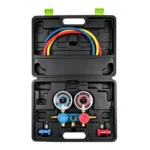 VT01048F Conjunto de manómetros de 2 vias para ar condicionado R1234yf, com manómetros de alta e baixa pressão, mangueiras e acopladores de manutenção.