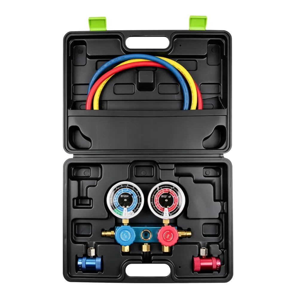 Conjunto de manifold de ar condicionado de alumínio de 2 vias R1234yf, 2 VT01048F Conjunto de manómetros de 2 vias para ar condicionado R1234yf, com manómetros de alta e baixa pressão, mangueiras e acopladores de manutenção.