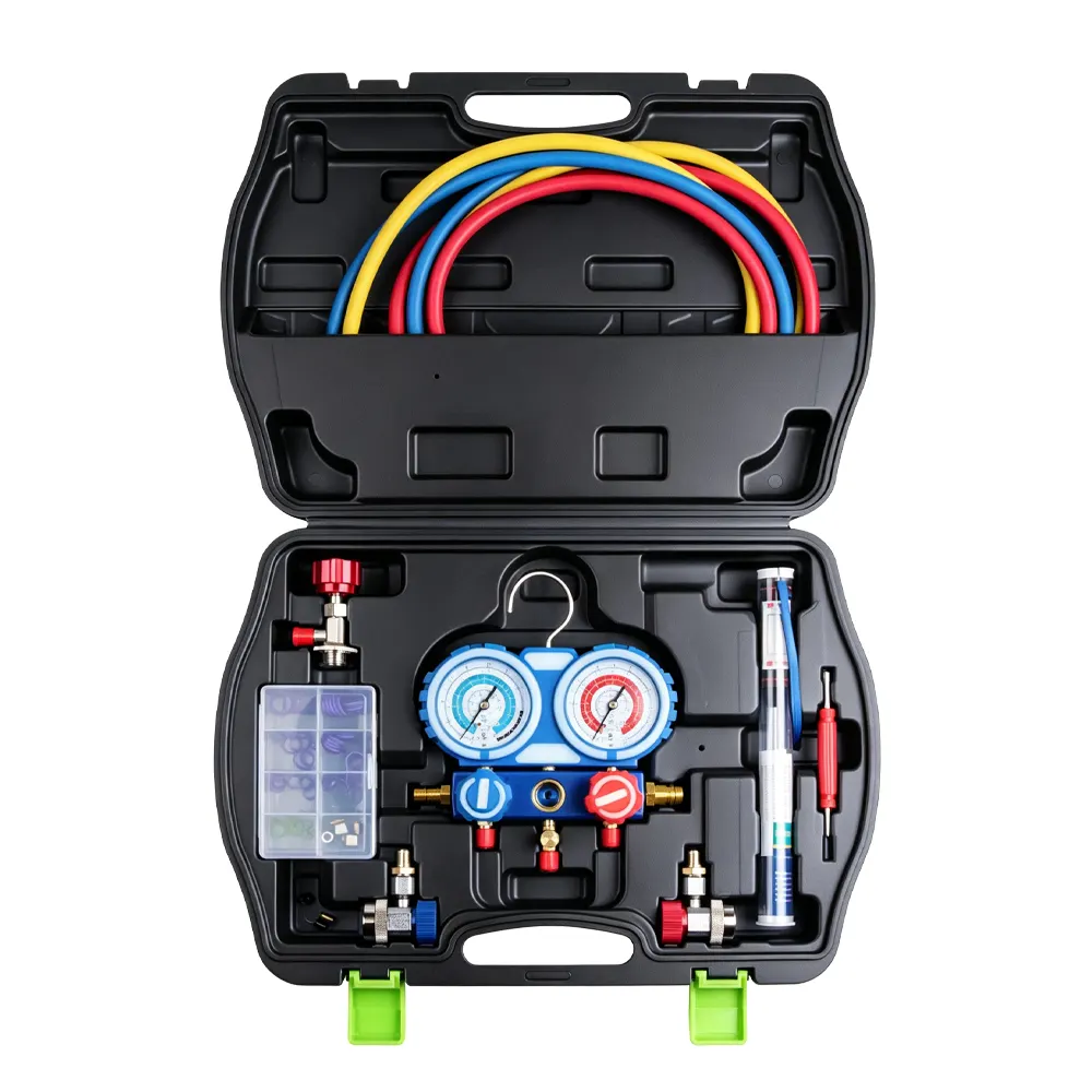 Kit de manómetros de diagnóstico para aire acondicionado R134a, 5 piezas VT01048G: Kit de diagnóstico con manómetro múltiple para aire acondicionado R134A, que incluye dos manómetros, mangueras, acopladores, juntas y accesorios de mantenimiento.