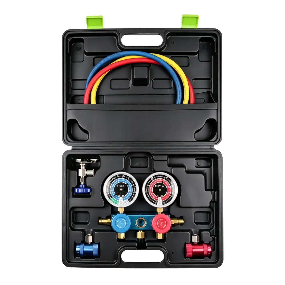 R1234yf-Aluminium-Manometer-Wartungsset 5 VT01048H R1234yf 2-Wege-Manometer-Set für die Druckprüfung, Befüllung und Wartung von Kfz-Klimaanlagen mit dem Kältemittel R1234yf.