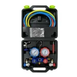 VT01048K: juego de manómetros para aire acondicionado compatible con R22, R134A y R410A, con dos manómetros y mangueras de carga para el mantenimiento de sistemas de refrigeración y aire acondicionado.