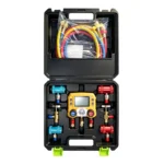 VT01048T Digital A/C manifold gauge set with electronic display, service couplers and charging hoses for automotive air conditioning diagnostics.