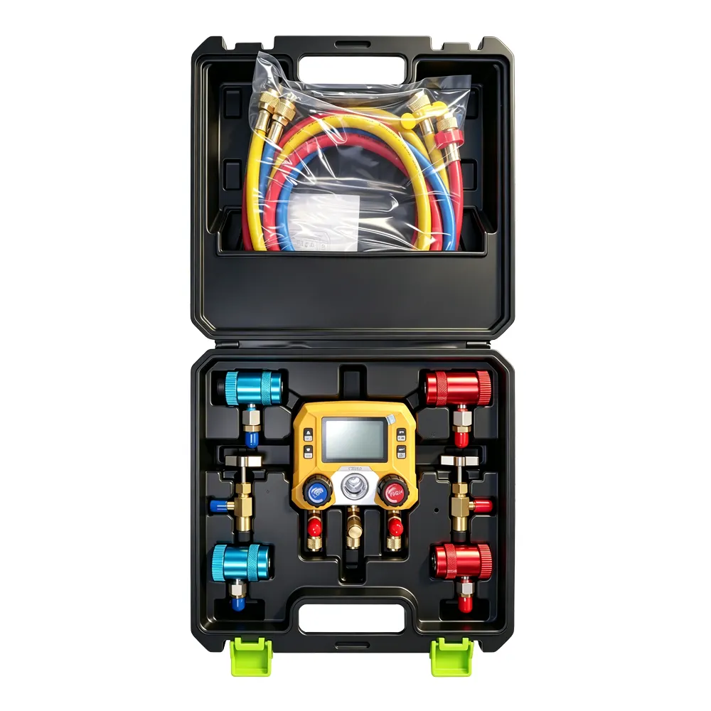 VT01048T Digital A/C manifold gauge set with electronic display, service couplers and charging hoses for automotive air conditioning diagnostics.
