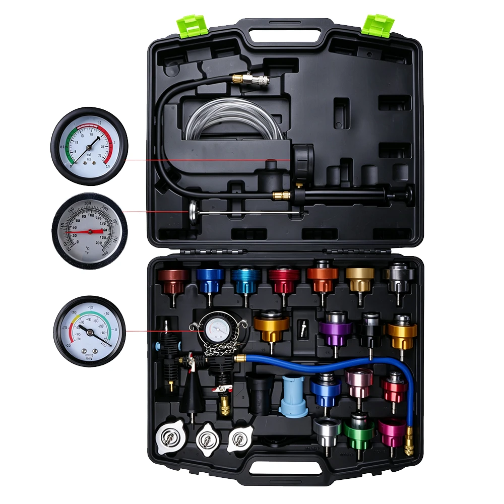 28PC Cooling System Pressure Tester & Vacuum Refill Kit 2 VT01064I 28PC cooling system pressure tester and vacuum purge master kit with radiator cap adapters pressure pump gauge and cooling system service accessories