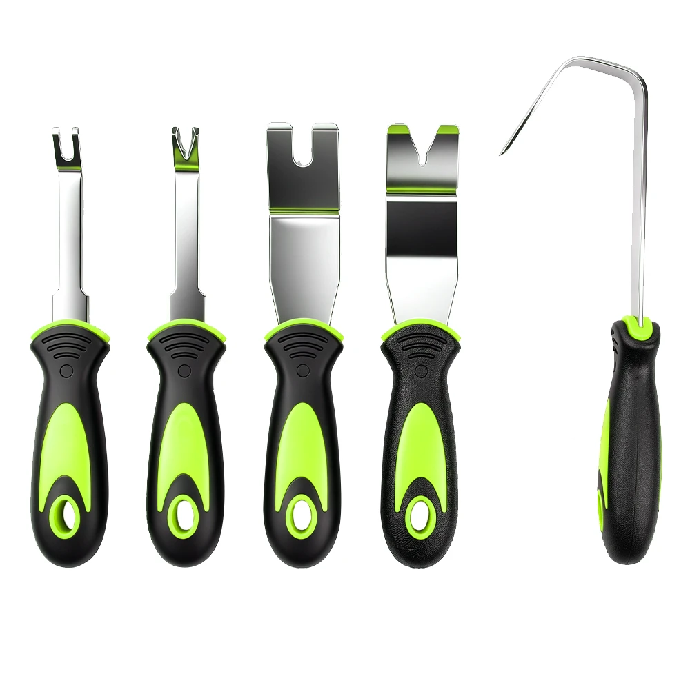 5PC Door Panel & Trim Clip Removal Tool Set 5 VT01290 5PC door panel and trim clip removal tool set with stainless steel pry tools for automotive interior trim service
