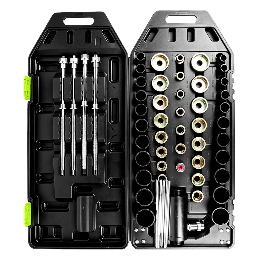 VT01302G 56PC hydraulic bushing and rubber sleeve removal tool set with press adapters threaded rods and installation tools