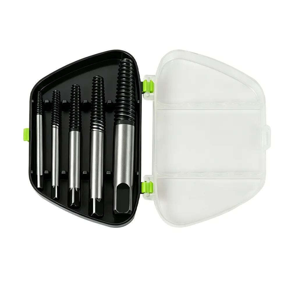 VT01309C 6PC screw extractor set for removing broken, damaged and stripped screws and bolts in multiple sizes.
