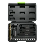 VT01636: Kit de reparación de roscas para pinzas de freno M9 de 16 piezas, con placas de alineación, broca escalonada, macho de roscar e insertos roscados de recambio.