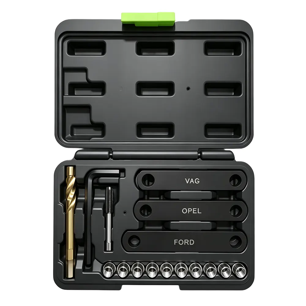 VT01636: Kit de reparación de roscas para pinzas de freno M9 de 16 piezas, con placas de alineación, broca escalonada, macho de roscar e insertos roscados de recambio.
