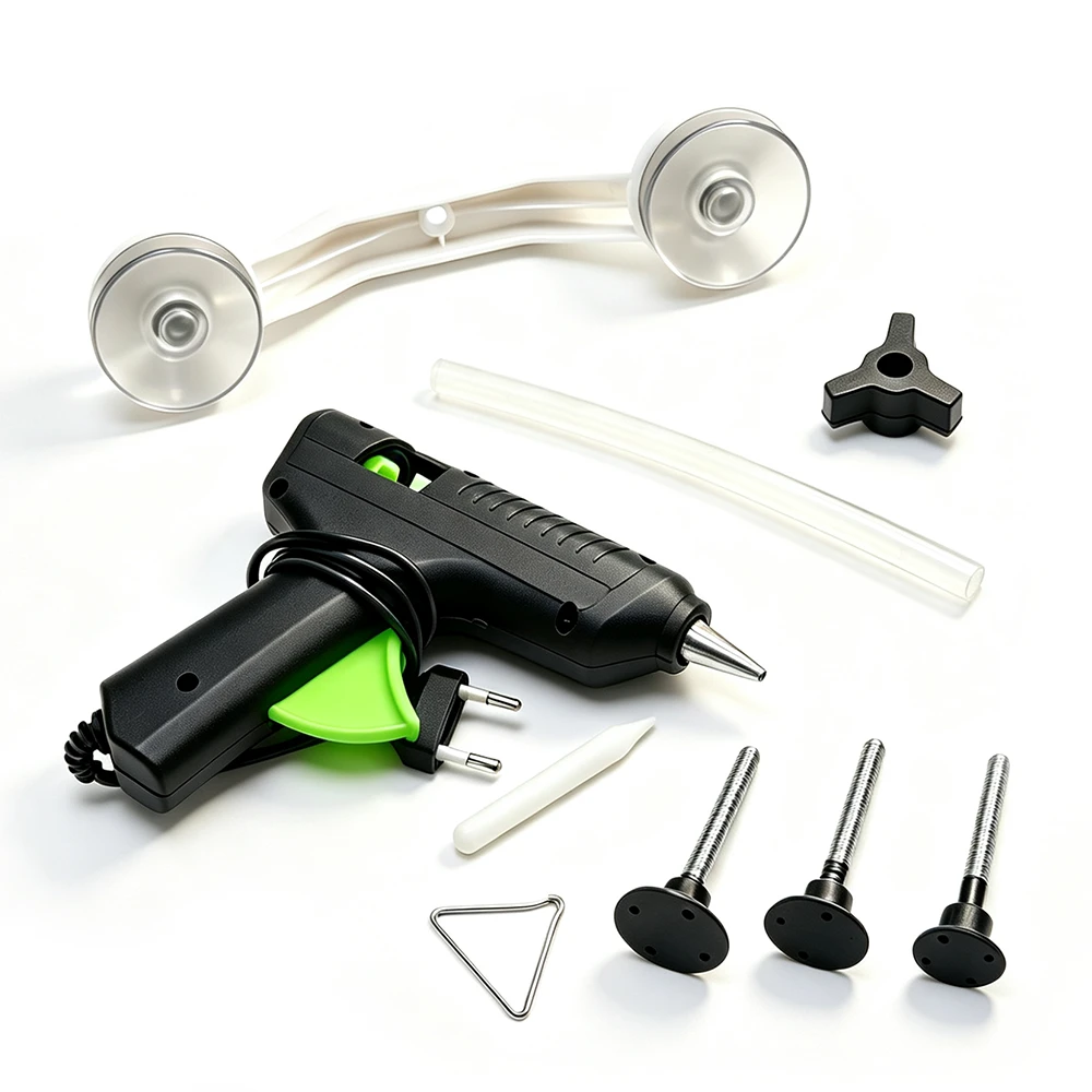 Kit de extratores para reparação de amolgadelas e mossas sem pintura 2 Kit de ferramentas VT01662 para reparação de amolgadelas e mossas, com pistola de cola, ponte de extração e acessórios para reparação de amolgadelas sem pintura em automóveis