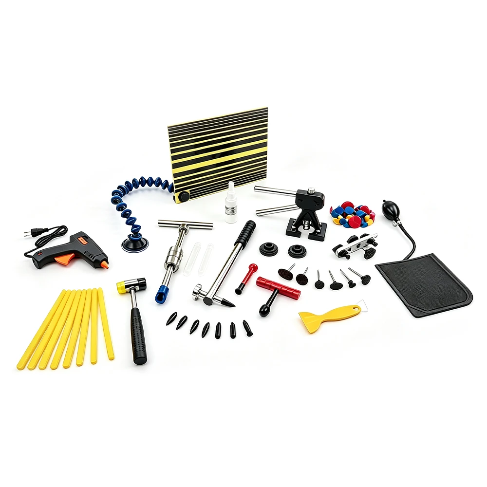 52-teiliges professionelles PDR-Werkzeugset zur lackfreien Ausbeultechnik 6 VT01662B 52-teiliges PDR-Werkzeugset (lackfreie Ausbeultechnik) mit Zugwerkzeugen, Heißklebepistole, Gleithammer, Laschen und Zubehör zur Ausbeulung